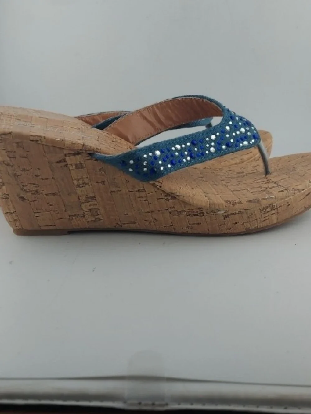 Ashley Blue Embellished Cork Wedge Flip Flops - Women Size 9